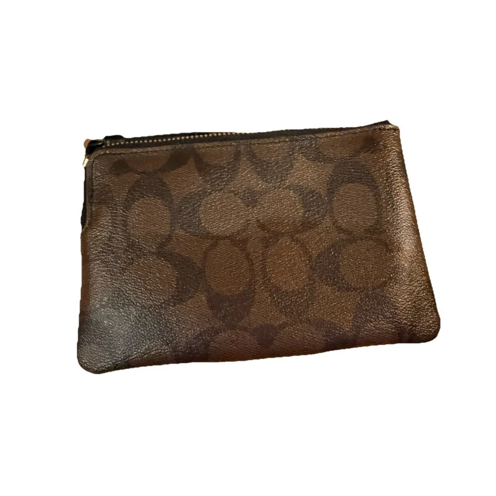 Coach Brown Stripe Logo Wristlet Wallet Corner Zip Coated Canvas‎ Leather